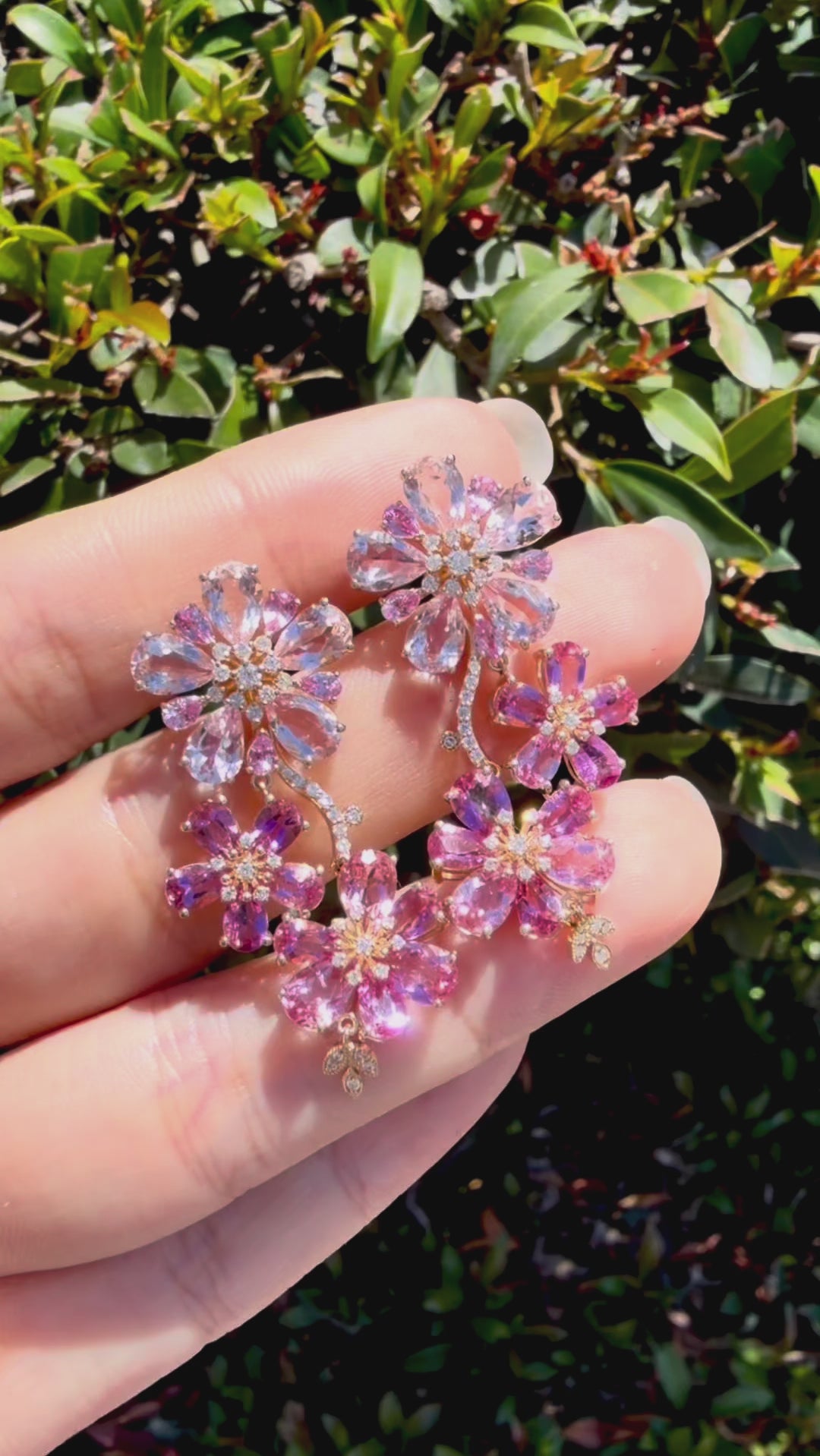 nina zhou Island Blossoms natural Pink Morganite, Sapphrie, Tourmaline & Diamond Drop Earrings in 14k gold