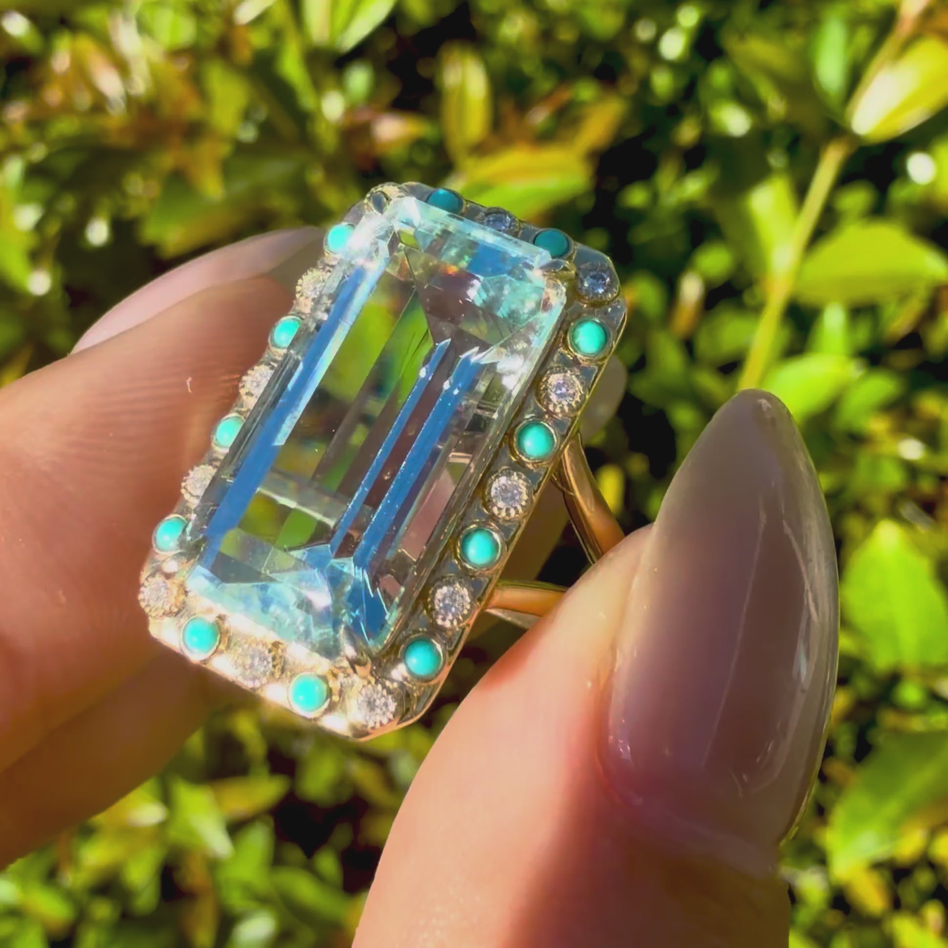 14k yellow gold Nina Zhou x Kai Tidal Laguna 7.62 ctw Guild Certified Natural Aquamarine, Turquoise & Diamond Ring (One-of-a-Kind)