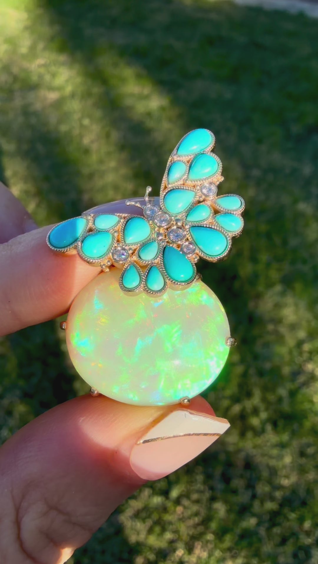 Nina Zhou One Of A Kind Natural Turquoise Diamond Butterfly on Opal Convertible Brooch-Pendant in 14k gold