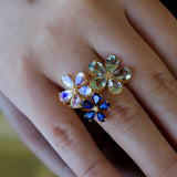 Aquamarine Moonstone Sapphire Diamond Flower Blossom Cocktail Ring