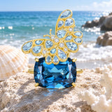 Aquamarine & Diamond Butterfly on London Blue Topaz Cocktail Ring
