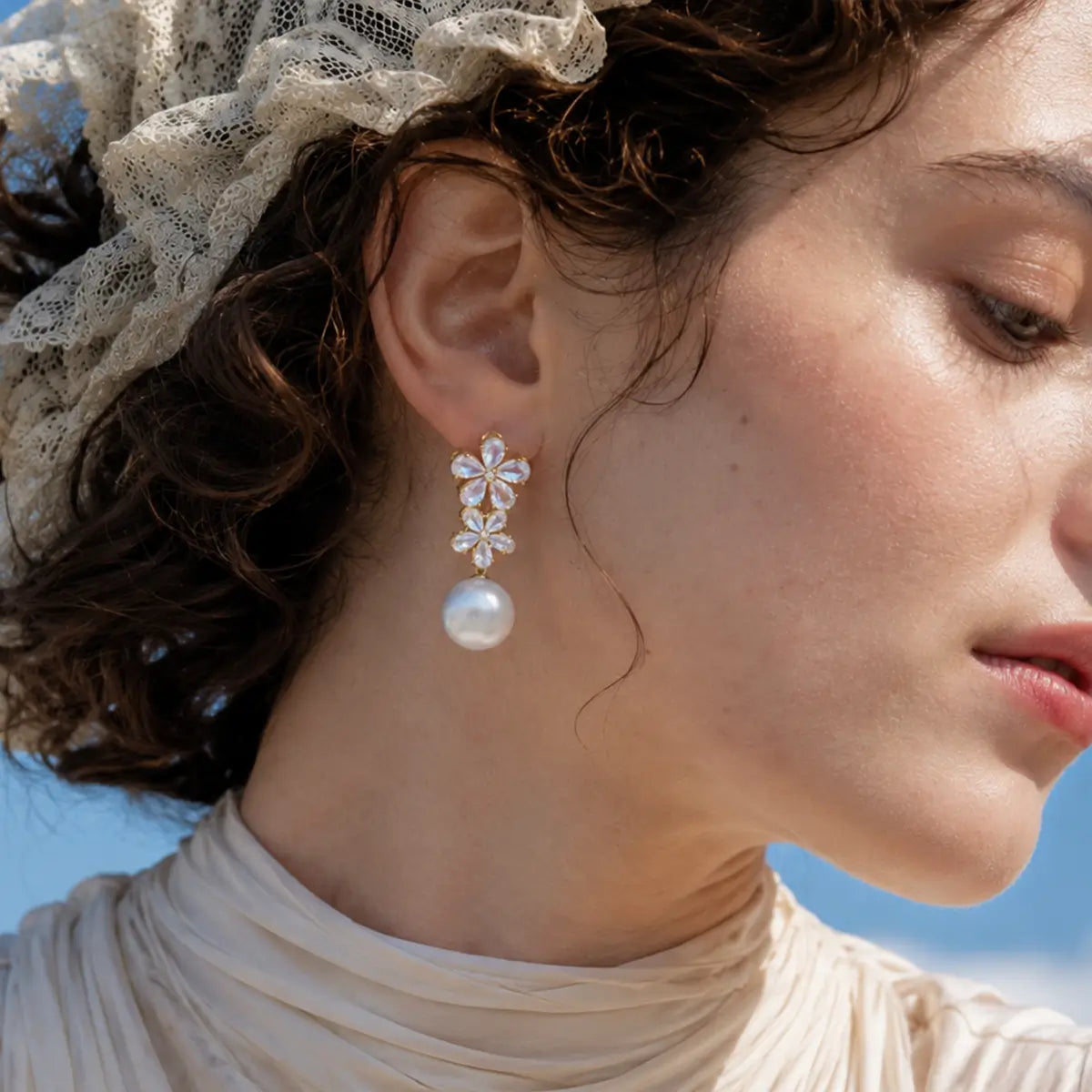Moonstone Diamond Double Blossom Pearl Convertible Drop Earrings
