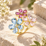 Aquamarine, Morganite, Pink Tourmaline & Diamond Flower Blossom Cocktail Ring